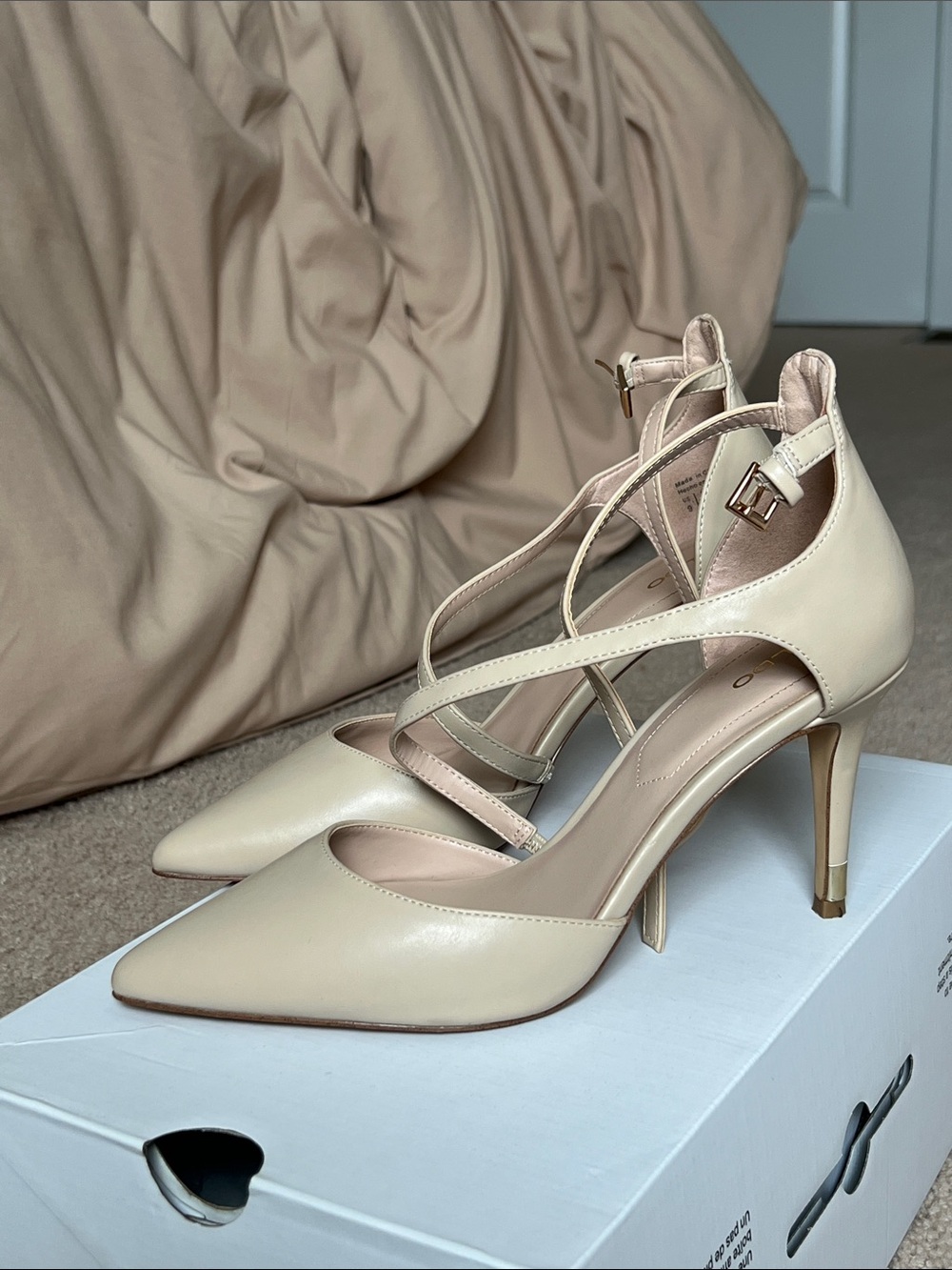 Aldo Nude Pointed-Toe Crisscross Ankle-Strap Heels